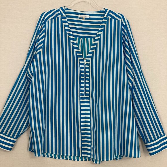 Calvin Klein Blue White Striped Quarter Zip V Neck Popover Blouse 1X Office - Picture 1 of 10